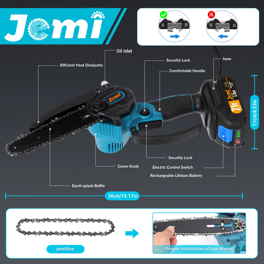 Jemi Tool Kabellose 6-Zoll Elektrische Kettensäge Kompatibel mit Makita 18V Akku Wiederaufladbares Gartenwerkzeug - Bild 6