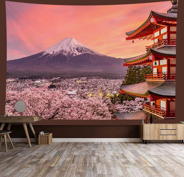 VIKAMA Wandteppich mit japanischen Kirschblüten und orientalischer Landschaft in Multicolour - Bild 1
