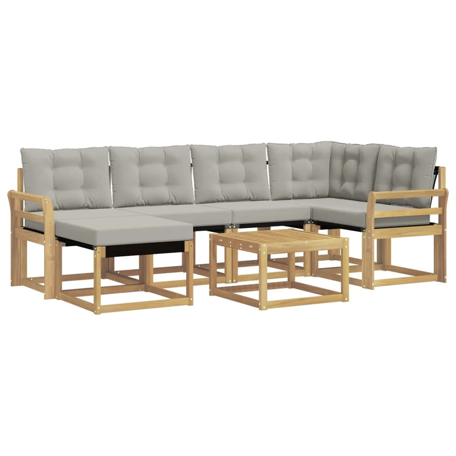 vidaXL Outdoor-Sofagarnitur 7-teilig in L-Form aus Akazienholz und Textilene mit Kissen in Weiß-Hellgrau - Bild 2