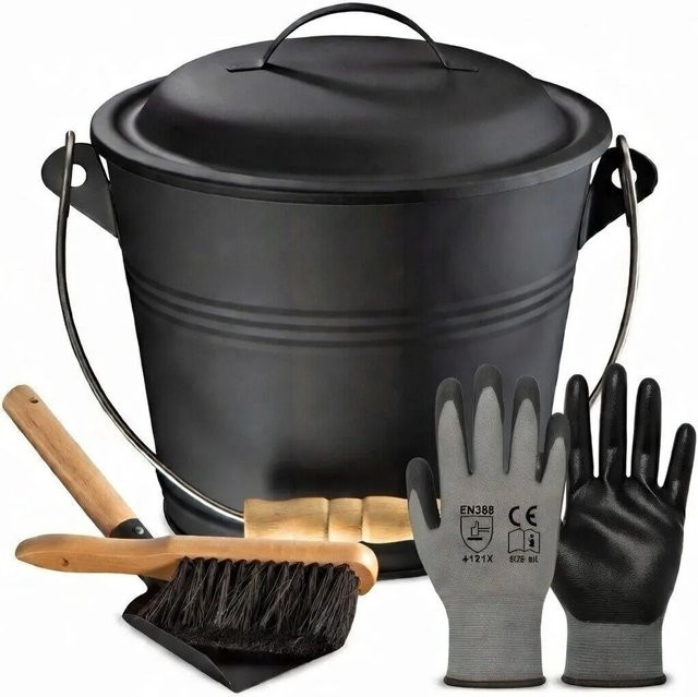 BLACK OAK Ascheeimer PITON in Schwarz aus Metall mit Deckel, Schaufel und Besen, 5 l, B/T/H: 22 x 22 x 24 cm - Bild 1