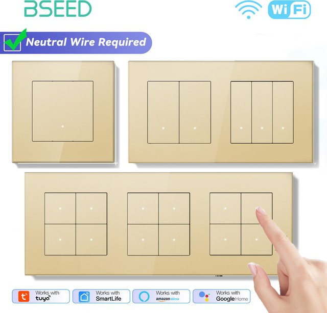BSEED WIFI Smart Push Button Schalter mit Glas Panel und LED Anzeige, Tuya und Alexa Steuerung, 2-Wege App Fernbedienung für moderne Wandinstallation - Bild 1