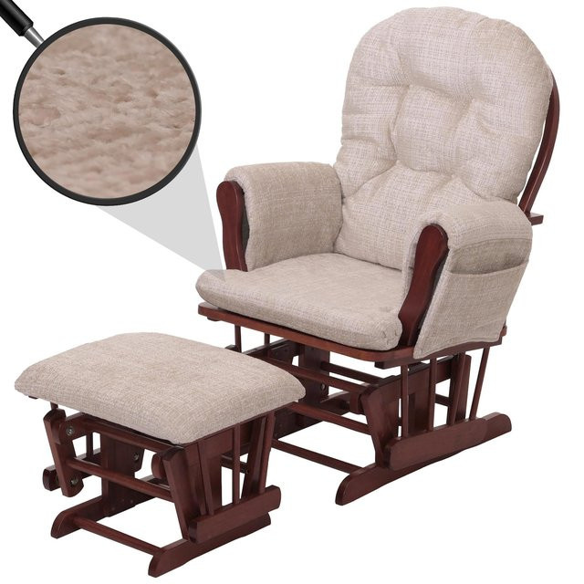 MCW Relaxsessel C76 Schaukelstuhl mit Hocker aus Chenille Stoff in Beige und Gestell aus Birkenholz - Bild 1