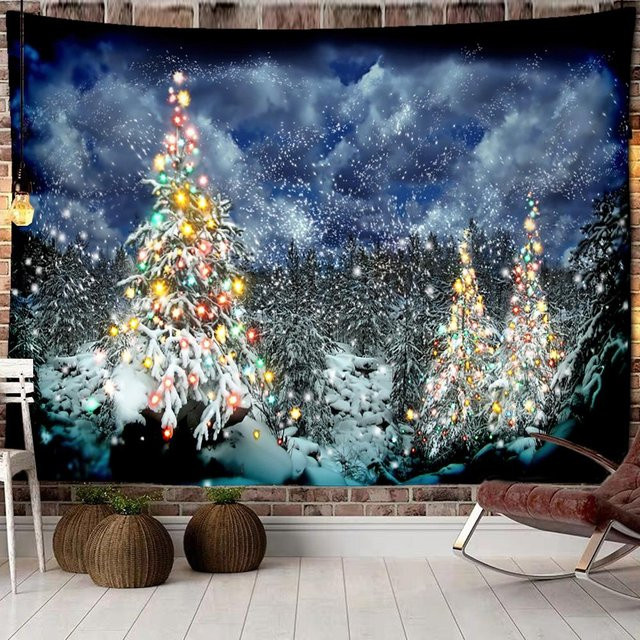 Weihnachten Wandteppich mit Elch und Waldlandschaft im Boho-Stil, Mehrfarbig, B: 95 cm, H: 70 cm - Bild 1