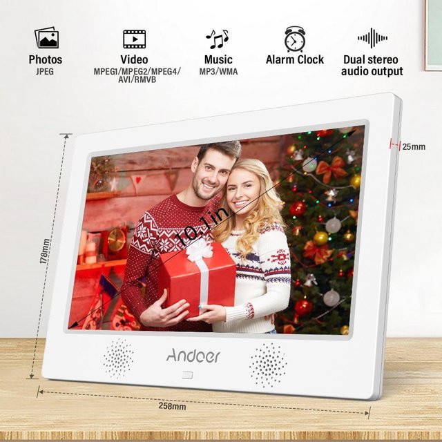 Andoer Digitaler Bilderrahmen 10,1 Zoll mit 1024 x 600 Auflösung und TFT-LED-Bildschirm in Weiß - Bild 1