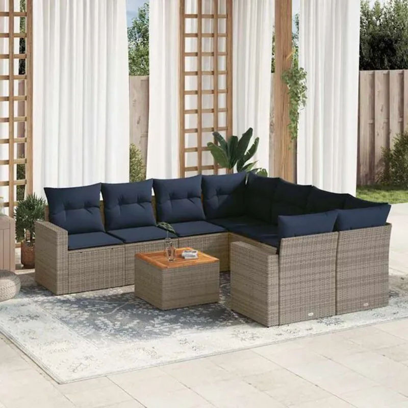 9-tlg. Garten-Sofagarnitur mit Kissen aus Polyrattan und Holz in Grau von vidaxl - Bild 1
