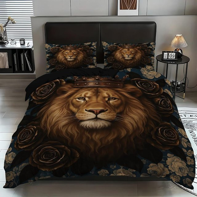 3D Löwe Bettwäscheset aus Mikrofaser mit Tierdruck in Braun, bestehend aus Bettbezug und Kissenbezug mit Reißverschluss, B/T/H: 200 x 200 cm und 140 x 200 cm - Bild 1