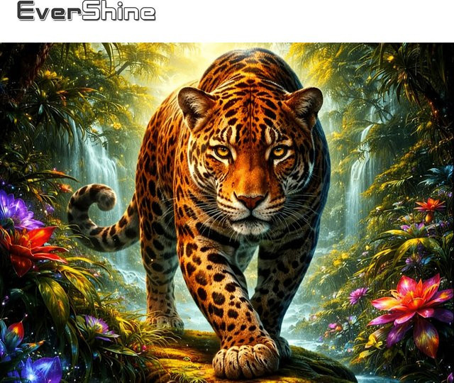 EverShine DIY Diamant-Stickerei Leopard Motiv Mosaik-Bild mit Wasserfall und Blumen in Multicolour, B/H: 20 x 30 cm - Bild 1