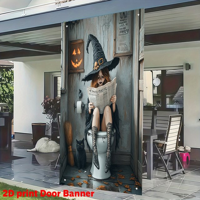 BoboQ 2D Halloween Türbanner Herbst Katze und Hexe, Mehrfarbig, B/H: 90 x 90 cm - Bild 1