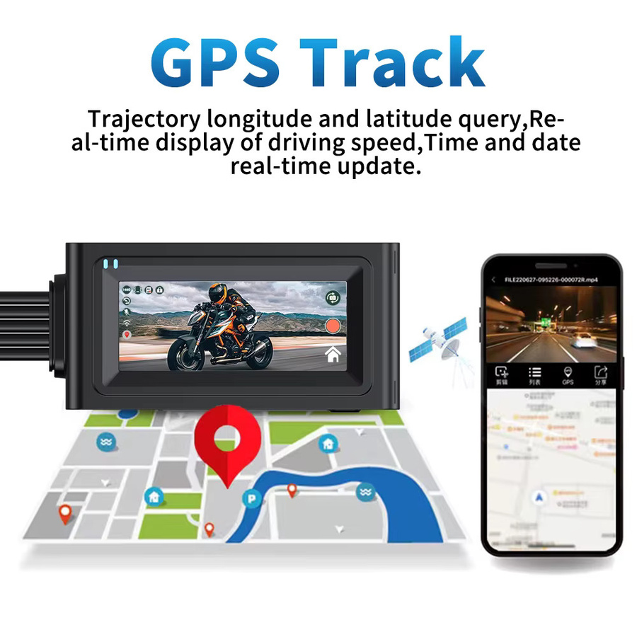 Motorrad Dash Cam Recorder mit Touchscreen, WiFi, GPS und Doppel-Objektiv in Full HD 1080p, wasserdicht, Schwarz - Bild 4