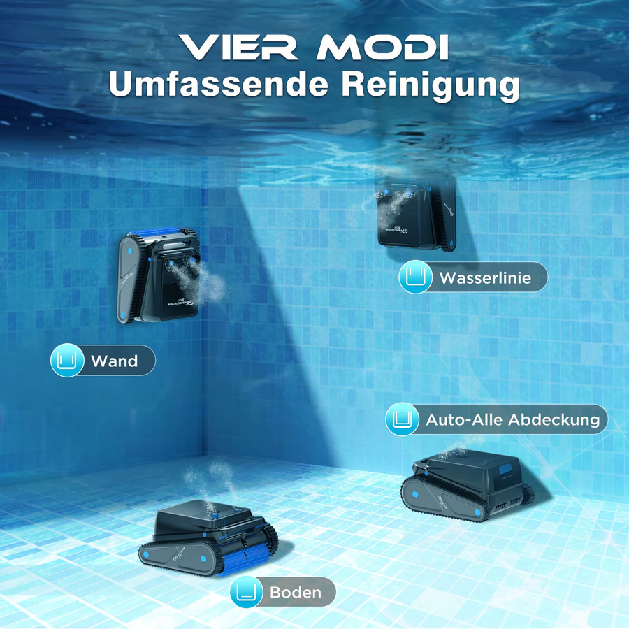 EVERCROSS BOT U8 Kabelloser Poolroboter in Schwarz für Boden und Wand mit intelligenter Navigation und 120 Minuten Akkulaufzeit für Pools bis 200 m² - Bild 2