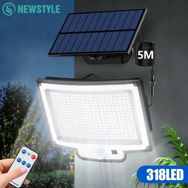 Solar-Flutlicht mit 318 LED für den Außenbereich, IP65 wasserdicht, Schwarz, mit Bewegungssensor und Dämmerungssensor, 3 Modi, Cool White - Bild 1