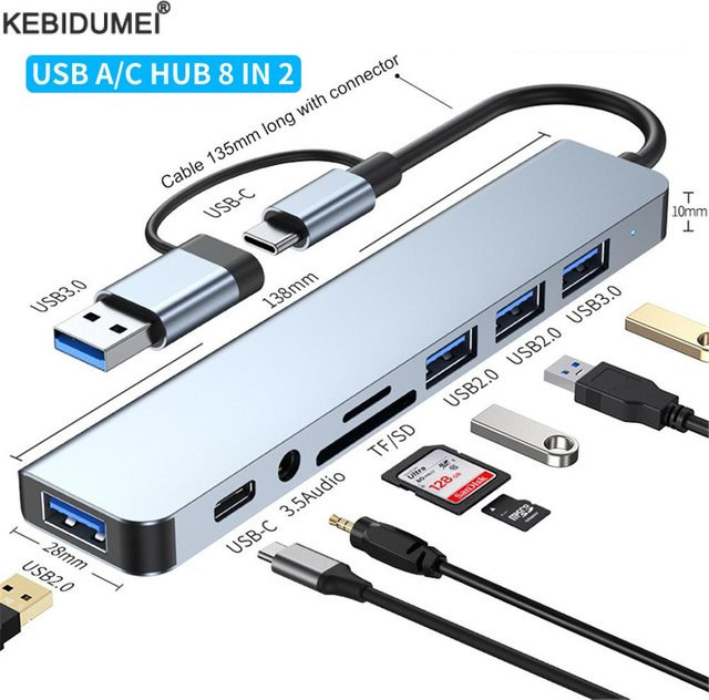 Kebidumei USB A und USB C Hub Docking Station mit SD TF Kartenleser und Audio Anschluss Multi Adapter für MacBook und PC - Bild 1