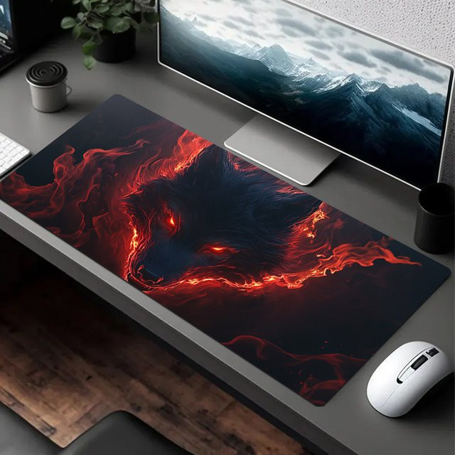 Vivid Red Gaming-Mauspad mit Fiery Wolf-Design, große Schreibtischunterlage in Rot - Bild 1