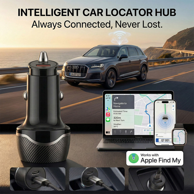 Peocke Auto-Ladegerät mit USB-C Schnellladung und GPS-Ortungsfunktion für iOS Find My App in Schwarz oder Weiß - Bild 1