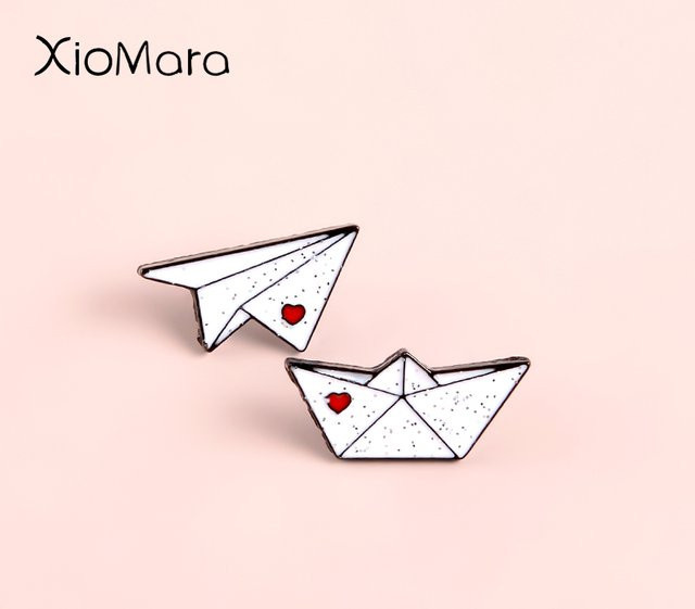 Brosche Origami Papier Flugzeug Papier Boot, Emaille, Weiß, Metall, Kinder - Bild 1