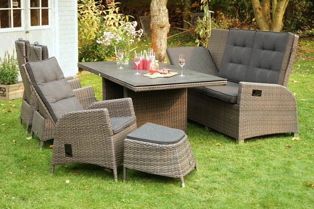 OUTFLEXX Rocking Comfort Garten-Essgruppe aus Polyrattan in Grau/Braun-meliert mit Glastisch für 6-7 Personen, Tisch Breite: 220 cm, Tiefe: 100 cm - Bild 1