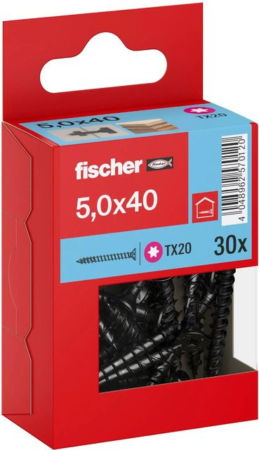 Fischer PowerFast II Senkkopf Schraube mit Torx-Antrieb und Vollgewinde, Farbe: Schwarz, Durchmesser: 5 mm, Länge: 40 mm, 30 Stück - Bild 1