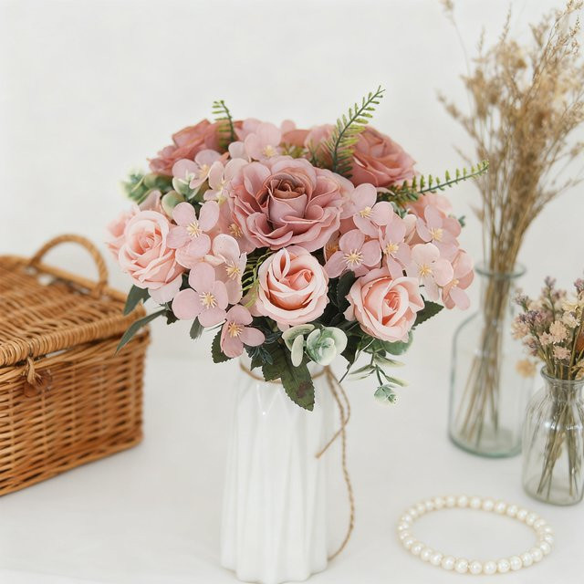 Kahaul Künstlicher Blumenstrauß aus Seidenrosen und Hortensien in Rot und Pink für deine Dekoration - Bild 1