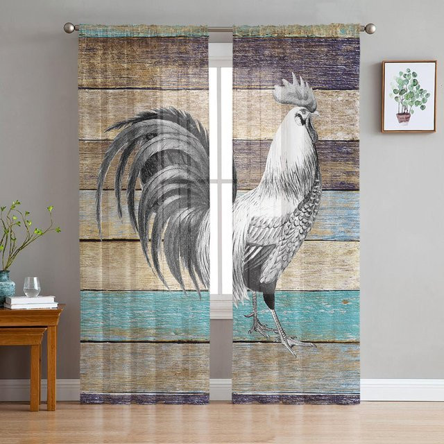 Transparente Voile-Vorhänge mit Hahn-Motiv in Grau, Organza-Fenstervorhänge für Wohnzimmer und Küche, Breite: 135 cm, Höhe: 115 cm - Bild 1