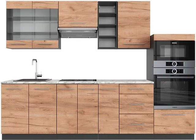 Vicco Fame-Line Küchenzeile Goldkraft Eiche Anthrazit mit Marmor-Optik Breite: 280 cm - Bild 1