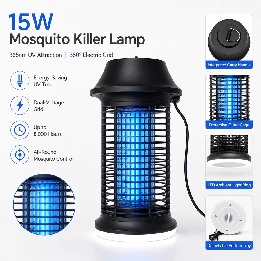 Elektrische Mückenkiller-Lampe 15W UV-Insektenvernichter mit LED-Licht in Schwarz, IPX4 Wasserdicht für Haus, Garten und Camping - Bild 3
