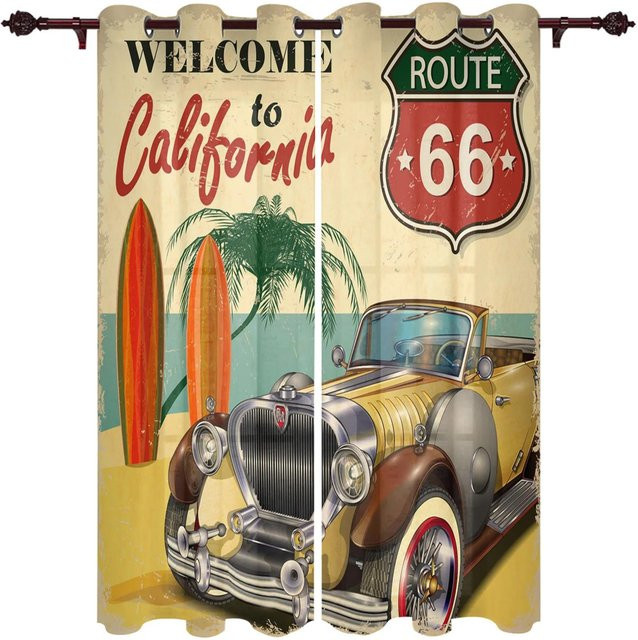 Route 66 Küchenvorhang mit Biercafé-Logo und Retro-Damenauto Design, mehrfarbig, B: 100 cm, H: 130 cm - Bild 1