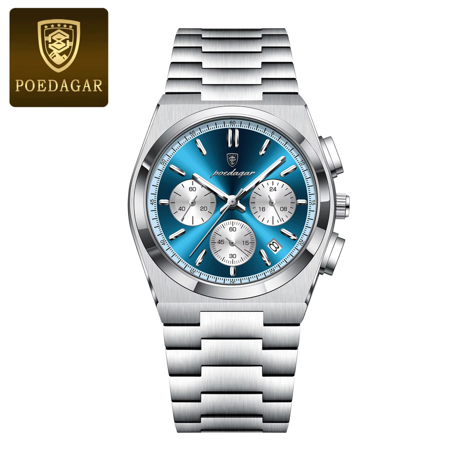 POEDAGAR Chronograph Armbanduhr, Quarz, Edelstahl, Blau, Herren - Bild 7