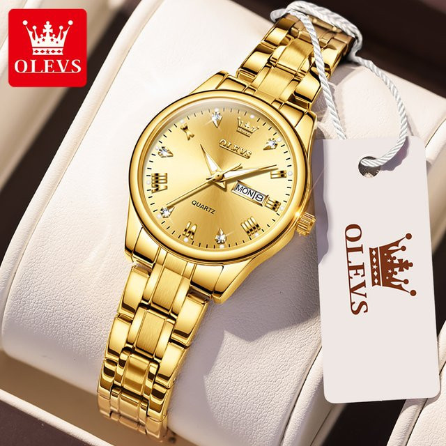 OLEVS Armbanduhr Edelstahl, Gold, Diamantbesetzt, Quarz, Damen - Bild 1