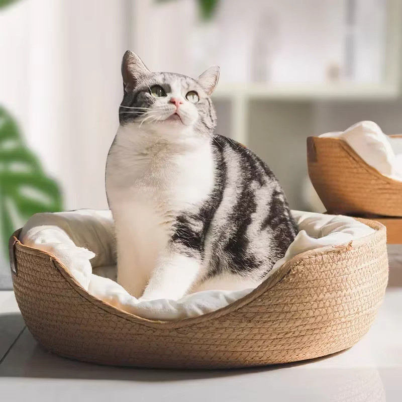 YBPetra Katzenbett aus Bambus und Rattan in Beige – Umweltfreundliches Haustiernest im Boho-Stil für kleine und mittelgroße Katzen - Bild 3