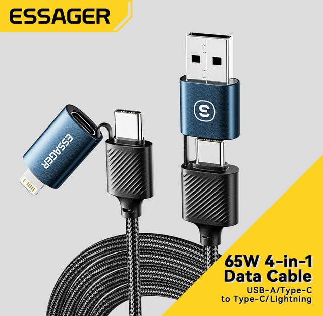 Essager 4-in-1 Multi-Ladekabel 65 W USB C auf USB C und Lightning Schnellladekabel in Blau - Bild 1