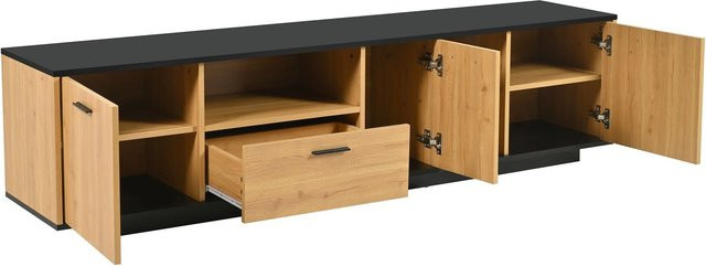 okwish TV Schrank mit LED Beleuchtung und Glasfächern in Schwarz und Natur, B/T/H: 180 x 37 x 45 cm - Bild 1
