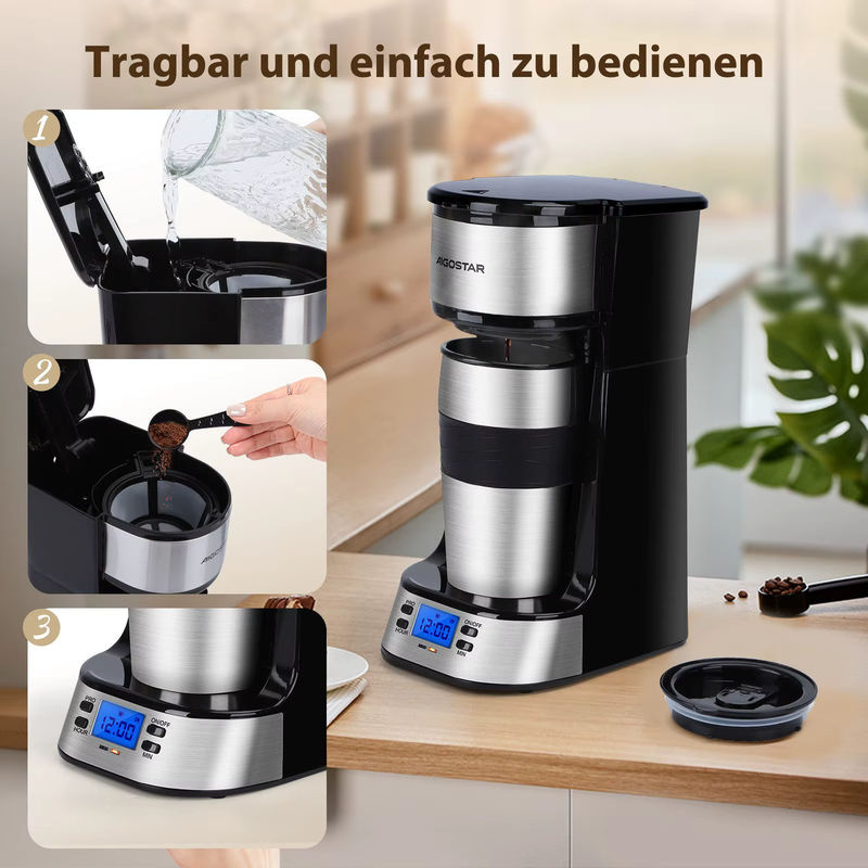 Aigostar Filterkaffeemaschine mit Thermobecher, 420 ml, Schwarz, mit 24h-Timer, LCD-Anzeige und AutoClean-Funktion - Bild 4