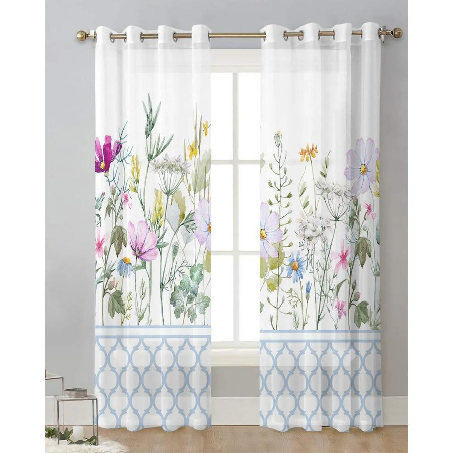 Yiran Furniture Transparentes Voile-Fenstervorhang mit blauem Marokko-Frühlingsblumen-Blumenmuster, Weiß, Breite: 135 cm, Höhe: 115 cm - Bild 1