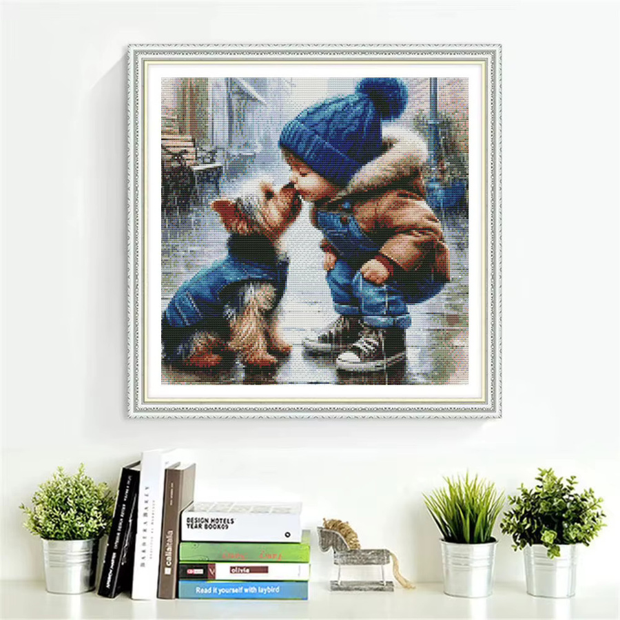 HUACAN Kreuzstich-Set Porträt von Mädchen und Hund auf bedruckter Leinwand, Multicolour, 11 Karat - Bild 3
