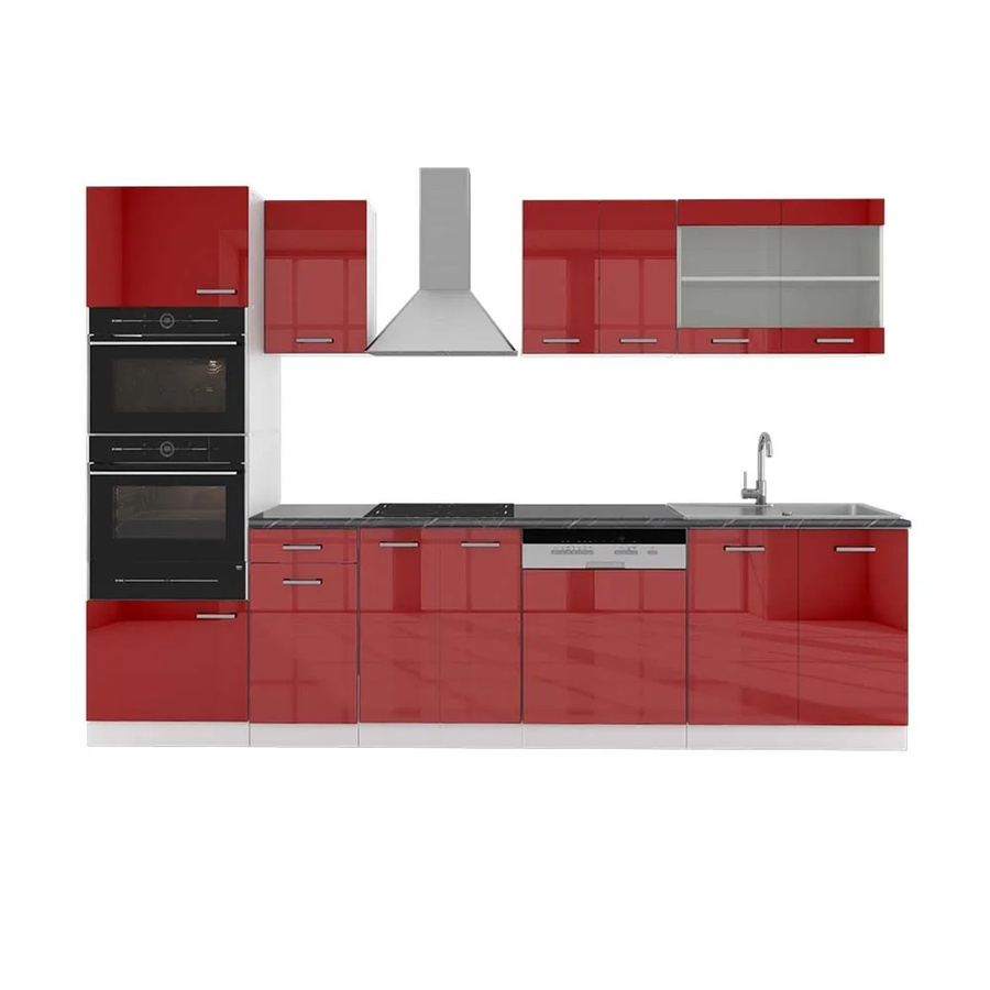 Vicco R-Line Küchenzeile Bordeaux Hochglanz Weiß mit Hochschrank Anthrazit Breite: 300 cm - Bild 1