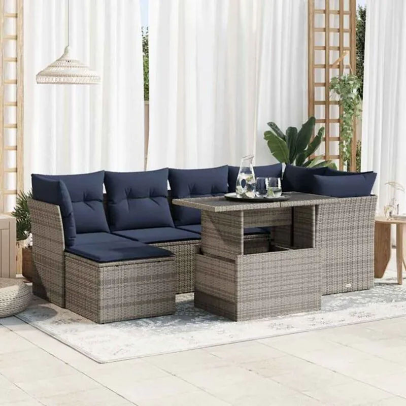 7-teilige moderne Garten-Sofagarnitur aus Polyrattan und Akazienholz in Grau mit Kissen von vidaxl - Bild 1