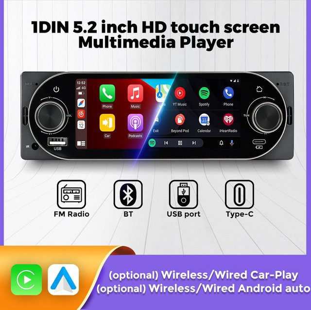 MEKEDE 5,2 Zoll HD Auto Radio mit Android Auto und CarPlay, MP5 Player mit Bluetooth, USB und FM, Schwarz - Bild 1