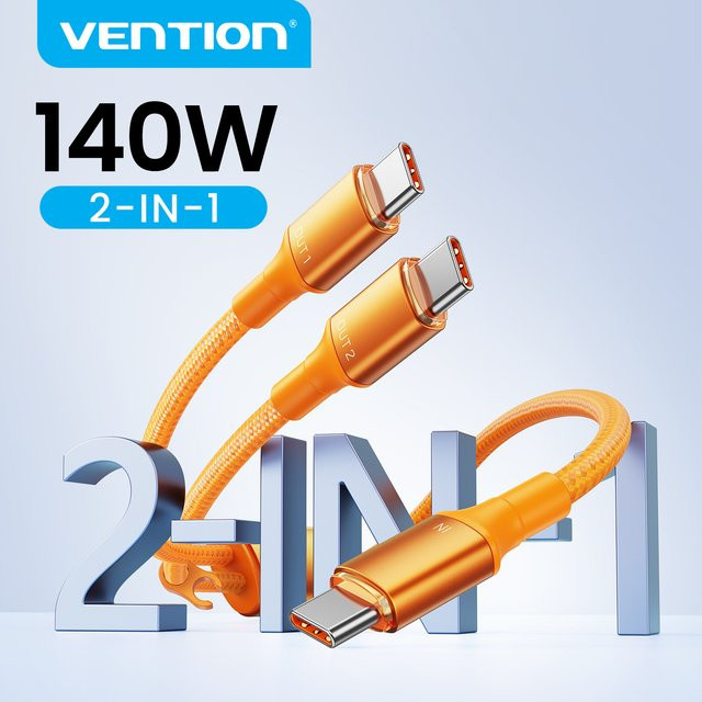 Vention 2-in-1 USB-C auf Dual-Typ-C PD3.1 Schnellladekabel 140W in Orange - Bild 1