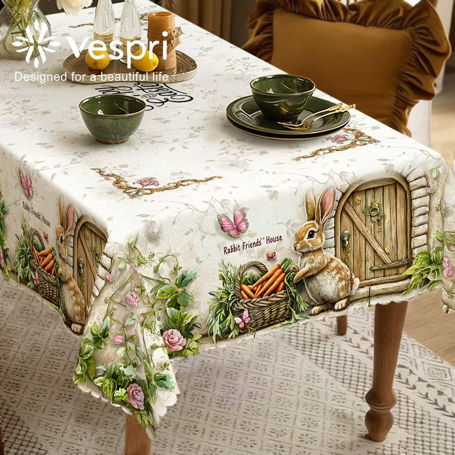 Vespri Oster-Tischdecke aus Polyester in Weiß und Beige mit Hase, Schmetterling und Blumen für Partys und Feste - Bild 3