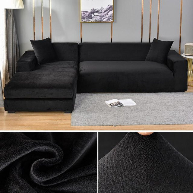 Elastischer Samt-Sofabezug von Your Warm Home für Ecksofas, 3-Sitzer, Schwarz - Bild 1