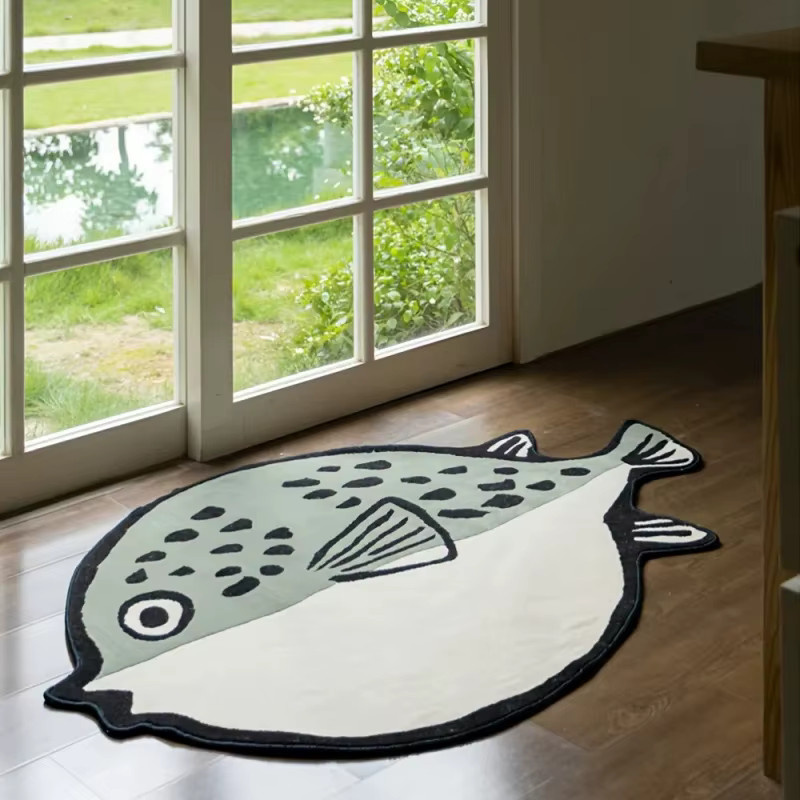 VIKAMA Kugelfisch-Teppich in Multicolor, weich und flauschig, rutschfest und waschbar, Cartoon-Tier-Bodenmatte für Schlafzimmer und Wohnzimmer - Bild 2
