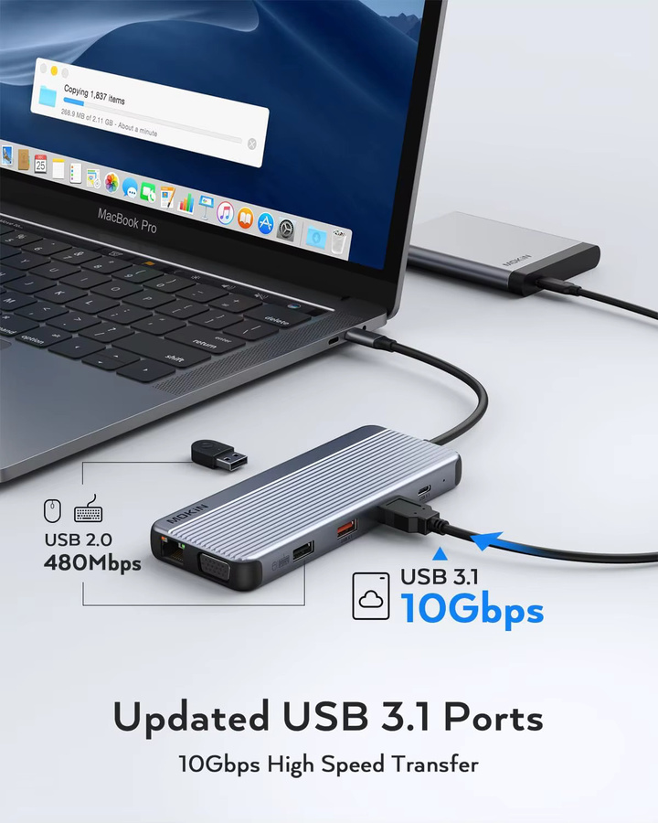 MOKiN USB-C Dockingstation Dreifach-Display-Adapter mit 4K HDMI, VGA, RJ45 Ethernet und 100W PD-Ladefunktion in Grau - Bild 5