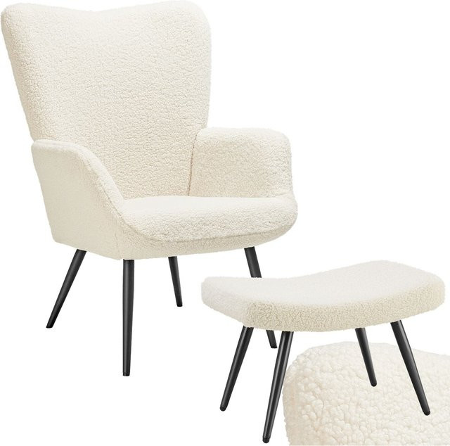 tectake Hygge Sessel mit Hocker, gepolstert in Bouclé, Scandi-Look, Schwarz-Creme, B/T/H: 72 x 76 x 100,5 cm - Bild 1