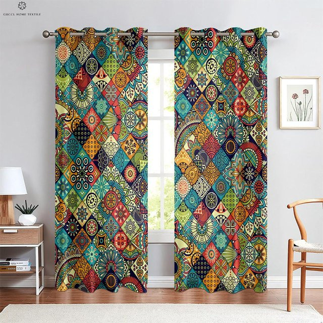Bunter karierter Vorhang im Retro-Boho-Stil, halbtransparent, 2er-Set, Farbe: Mehrfarbig, B: 50 cm, H: 160 cm - Bild 1