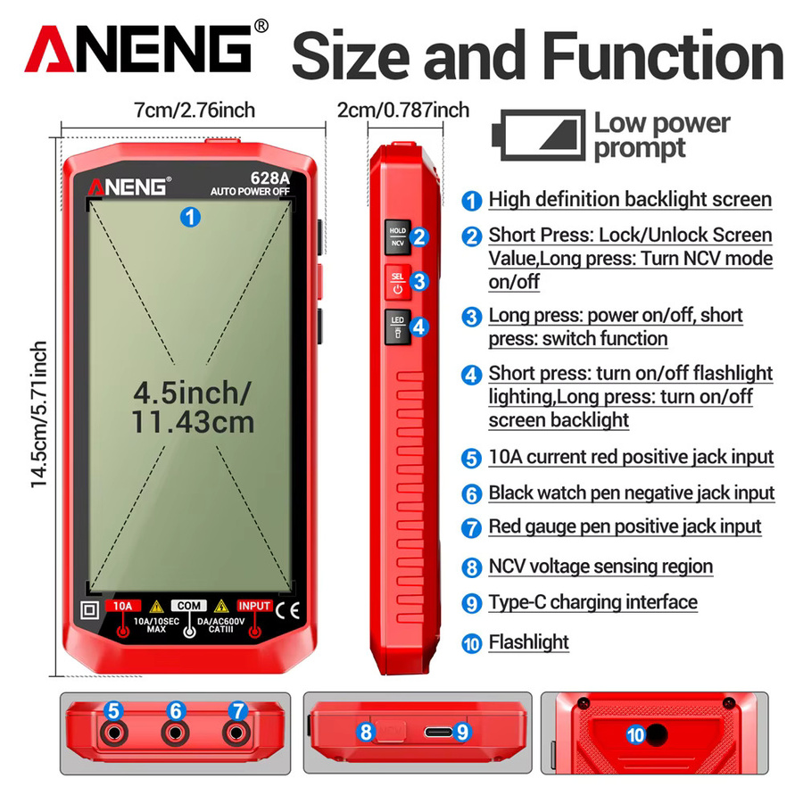 ANENG Digital-Multimeter-Tester mit hintergrundbeleuchtetem Display, wiederaufladbar, 1000 V/10 A und biegsamer Sonde, Farbe: Rot - Bild 4