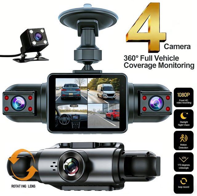 etymoofox Dashcam Full HD 1080P mit 3/4-Linse, 360° Panoramakamera, Nachtsicht und 24-Stunden-Parküberwachung, Schwarz - Bild 1