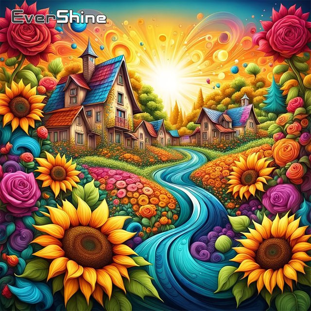 EverShine Diamant-Stickerei Haus-Landschaft mit Sonnenblumen und Rosen, Vollquadrat-Mosaik in Multicolour, B/H: 20 x 20 cm - Bild 1