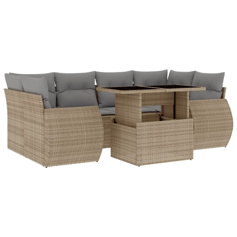 vidaXL 7-tlg. Garten-Sofagarnitur in L-Form mit Kissen und Couchtisch, Beige/Grau, Poly-Rattan mit Metallgestell - Bild 2