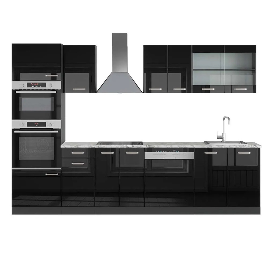 Vicco R-Line Küchenzeile Schwarz Hochglanz und Anthrazit mit Hochschrank und Marmor-Optik, Breite: 300 cm - Bild 2