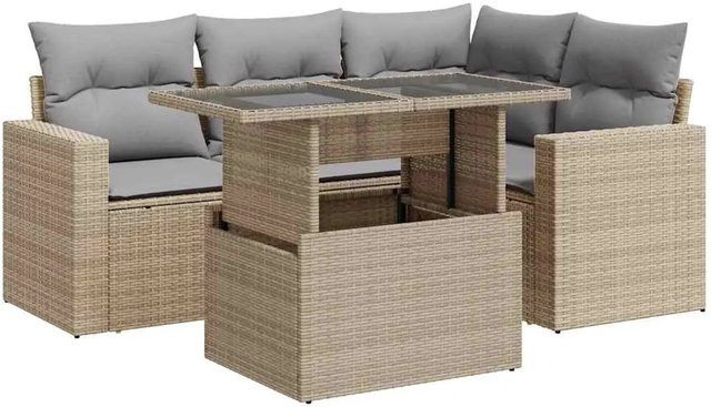 vidaXL 5-teilige Garten-Sofagarnitur in L-Form aus Poly-Rattan mit Kissen in Beige-Grau - Bild 1